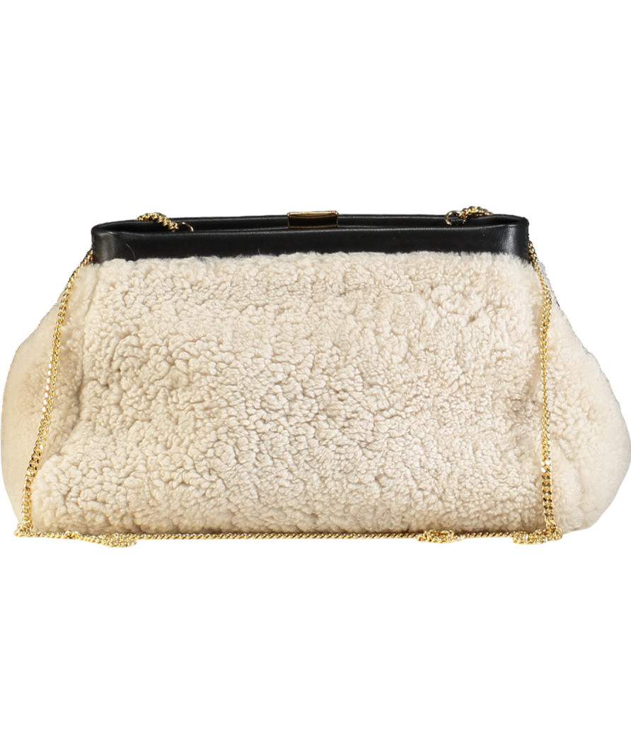 DeMellier Cream N102 Cannes Shearling Clutch Bag with chain strap