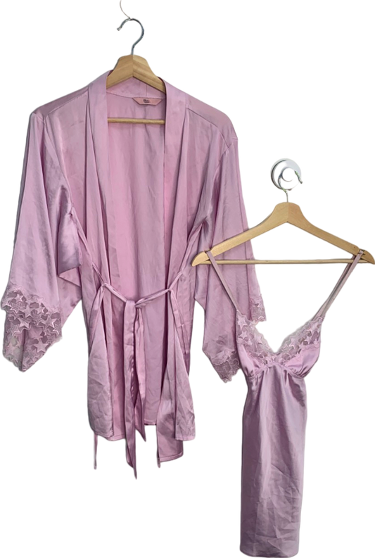 Boux Avenue Pink Lace Trim Satin Robe and Slip Set UK 6