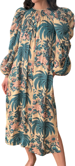 ByTIMO Nude / Pink / Blue Birds Printed Crépe Satin Relaxed Puff Sleeve Midi Dress UK S