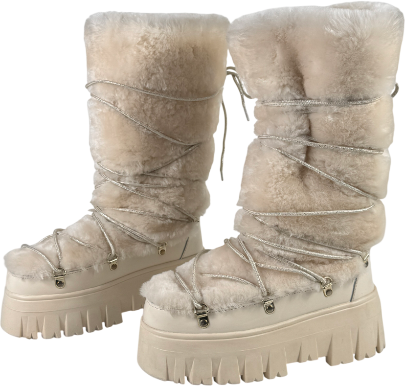 MY SUNDAY SKI Lug Tread Shearling Snow Boots - Tall Cream UK 6 EU 39 👠
