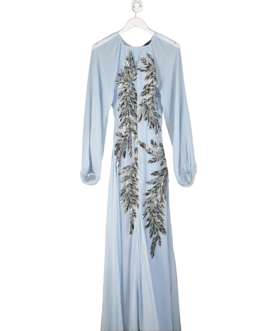 Karen Millen Blue Feather Embellished Woven Long Sleeve Maxi Dress UK 6