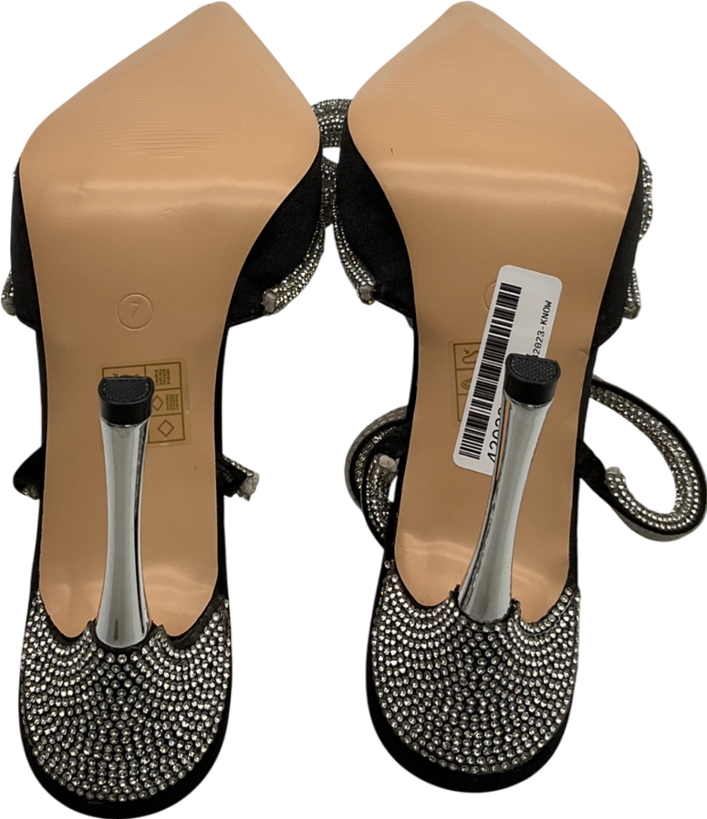 Public Desire Midnight Black Wrap Around Diamante Bow Pointed Toe High Heel UK 7 EU 40 👠