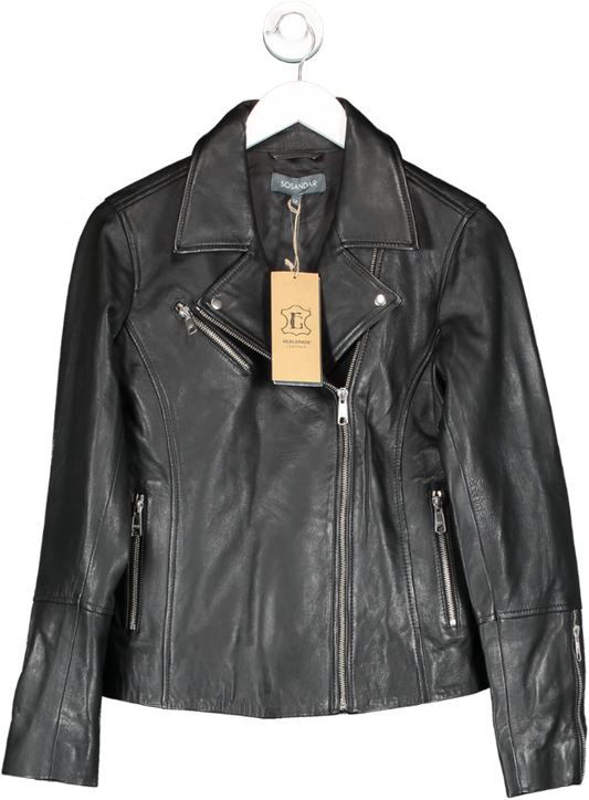 SOSANDAR Black Leather Biker Jacket UK 12