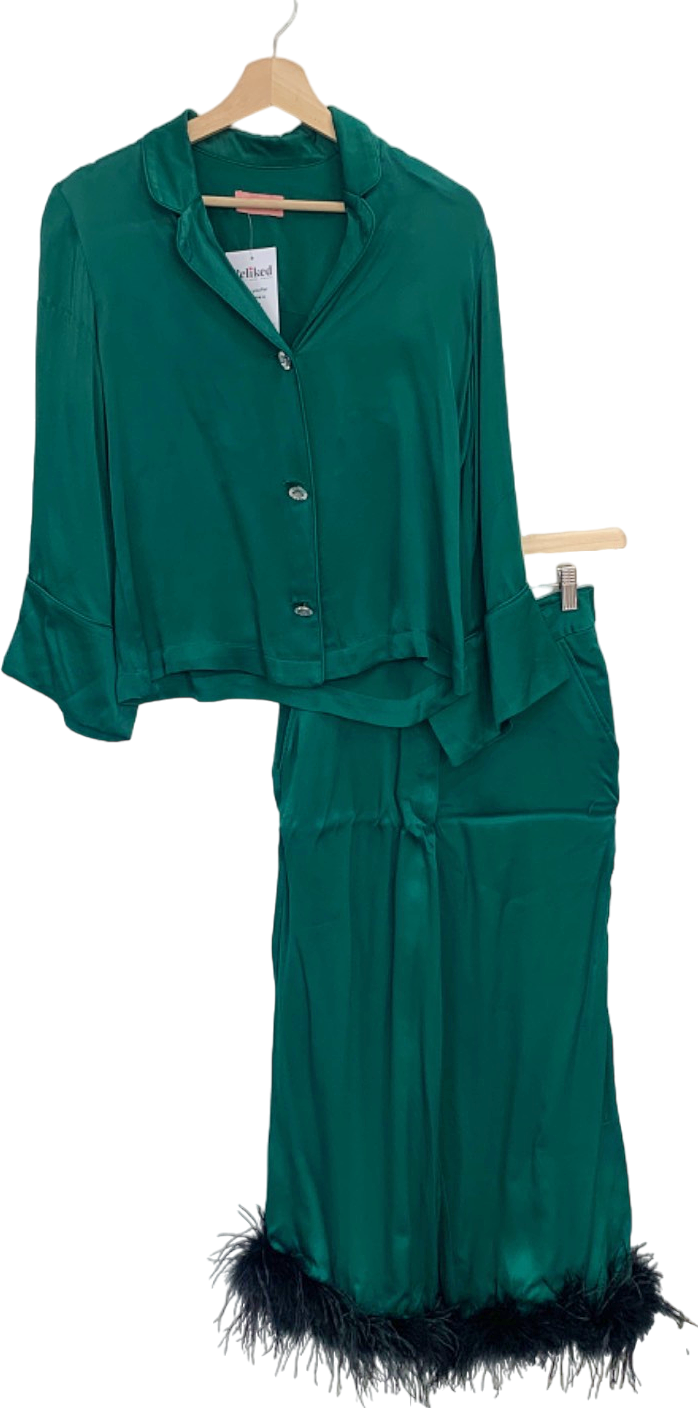 Kitri Green Satin Pyjamas with Feather Trim UK 8