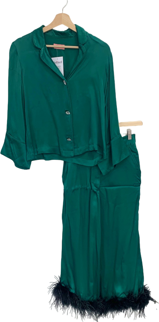 Kitri Green Satin Pyjamas with Feather Trim UK 8