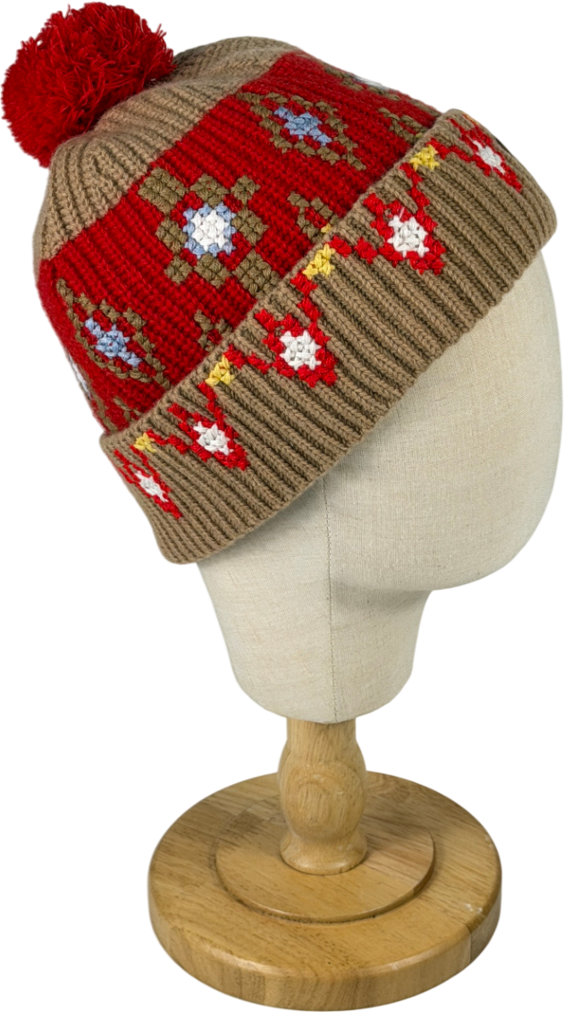 AMI Paris Camel / Red Intarsia-knit Wool Beanie Hat One Size