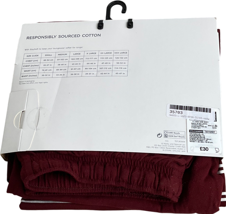 M&S Red Pure Cotton Long Pants & Long Sleeve Top Lounge set  UK S