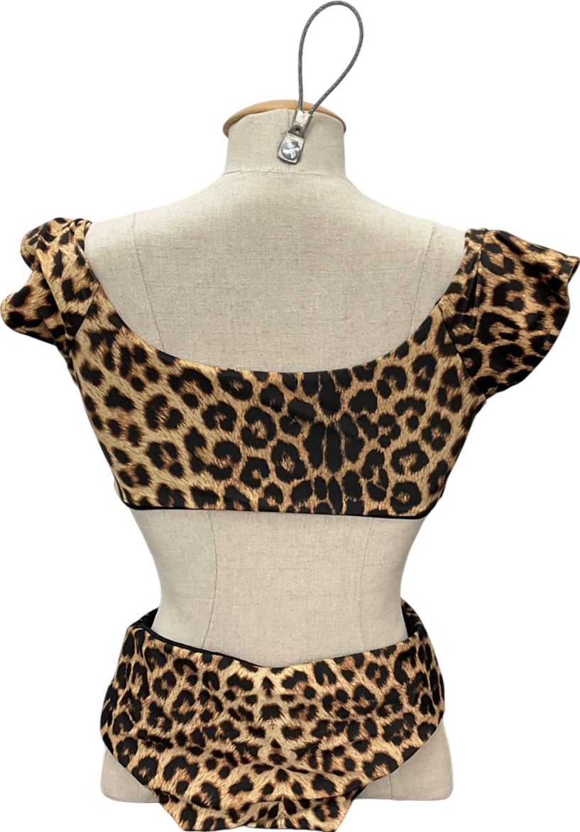 salt & saunter Brown Leopard Print Bikini Top & High Waisted Bottoms UK S/M