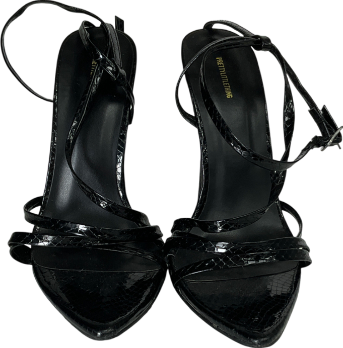 PrettyLittleThing Black Patent Snake Pu Point Toe Strappy Stiletto Heel Sandals UK 3 EU 36 👠