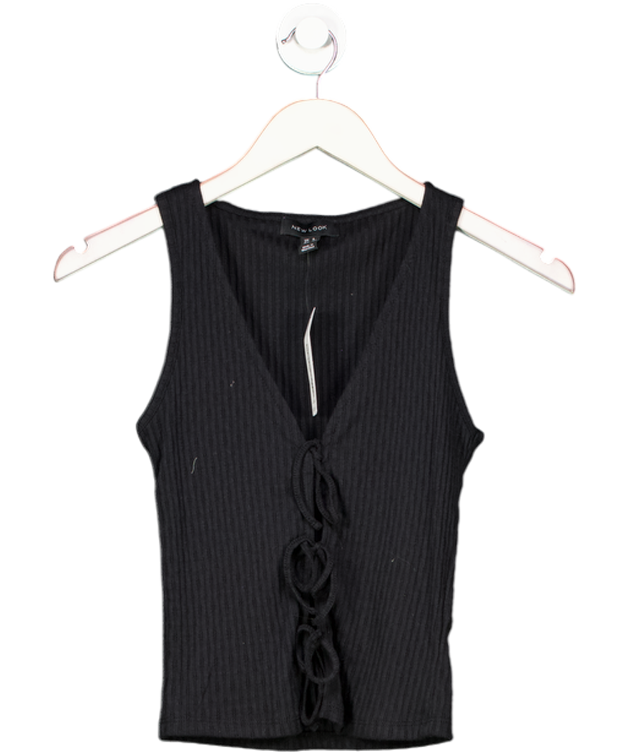 New Look Black Ribbed Pointelle Effect Tie Front Vest UK 6