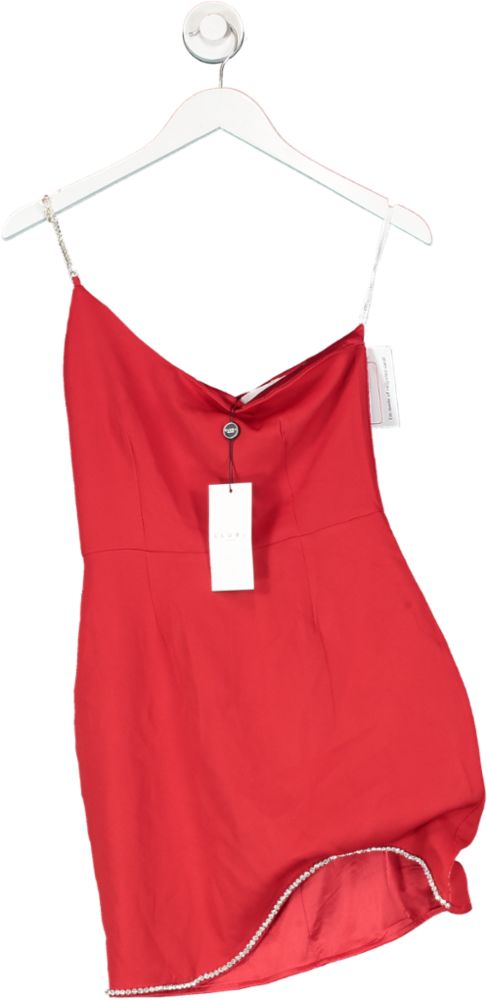 Club L Red Janet Asymmetric Mini Dress With Dimante Strap And Hem Trim UK 8