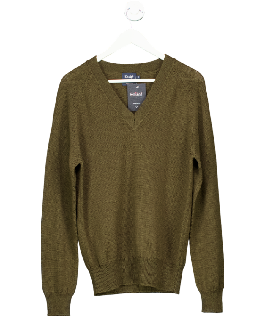 Drake's Green Merino Wool V Neck Sweater UK M