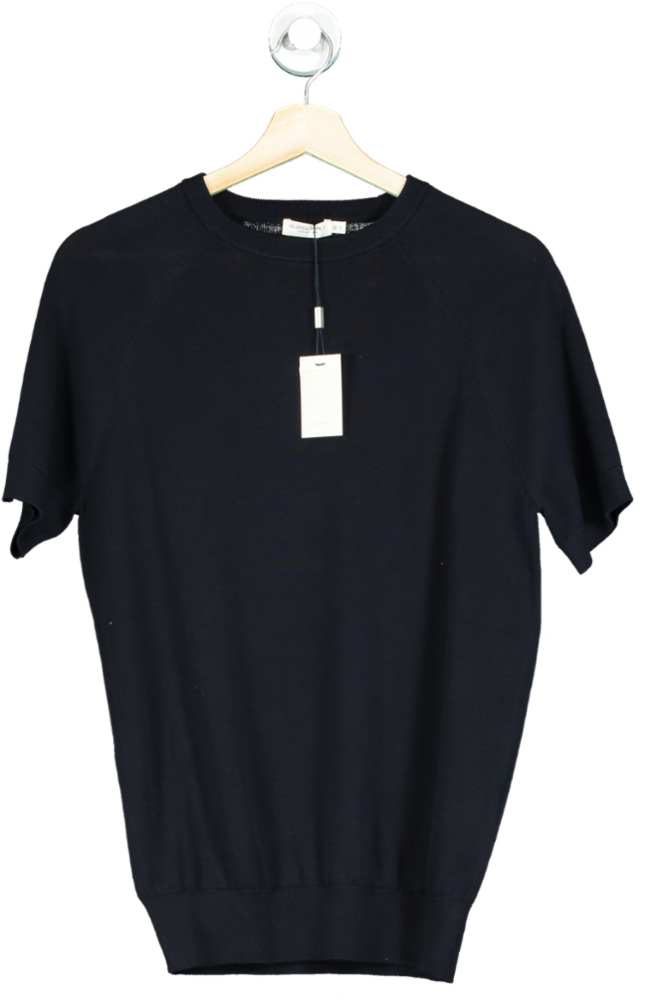 SuitSupply Blue Navy Cotton & Mulberry Silk Short Sleeve Crewneck UK M