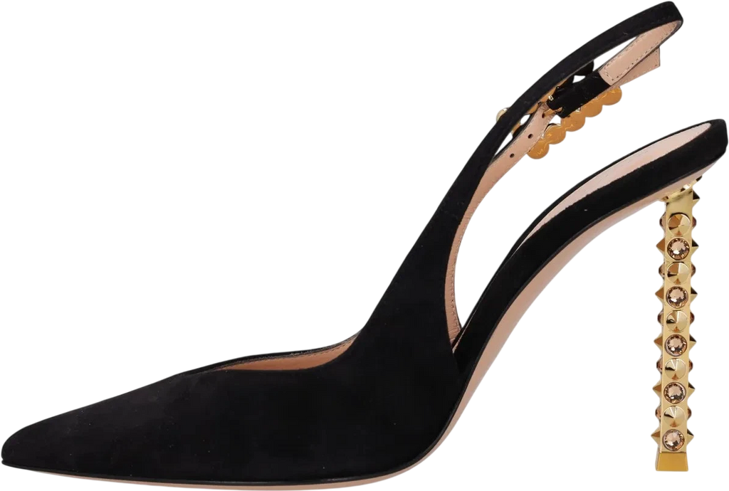 GIANVITO ROSSI Black Suede Leather & Gold Crystal Embellished 110mm Slingback Pumps UK 4 EU 37