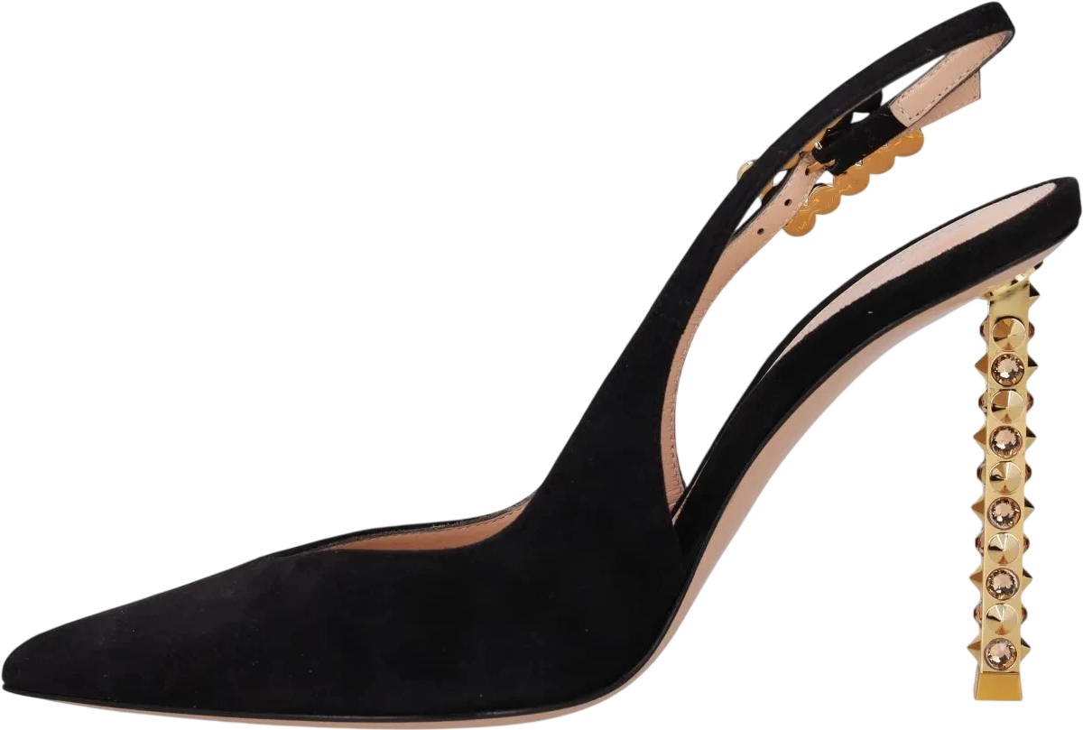 GIANVITO ROSSI Black Suede Leather & Gold Crystal Embellished 110mm Slingback Pumps UK 4 EU 37