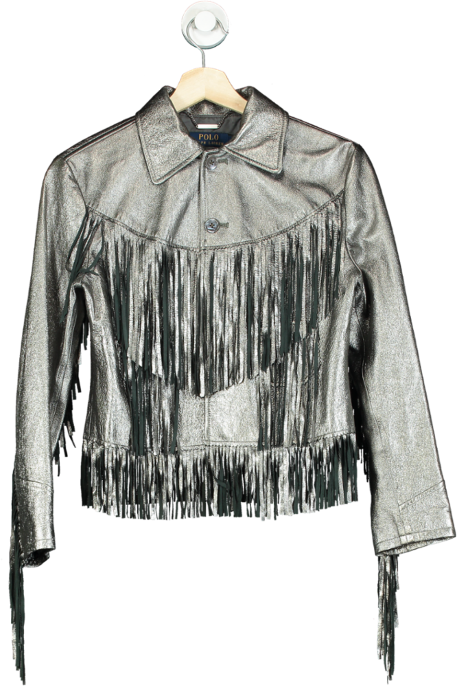 Polo Ralph Lauren Silver Fringe Leather Jacket UK 6