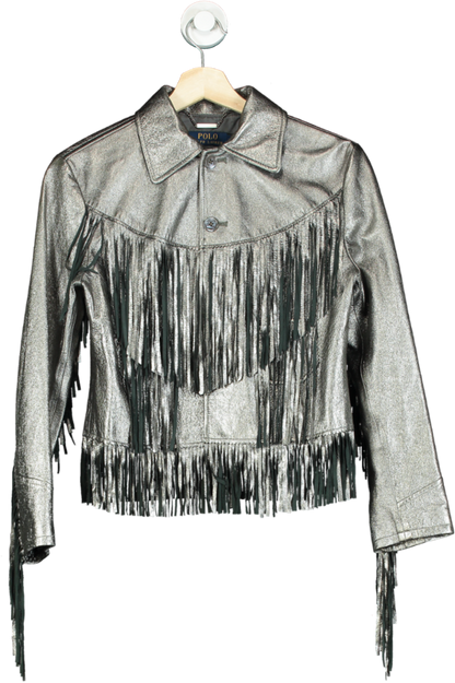 Polo Ralph Lauren Silver Fringe Leather Jacket UK 6