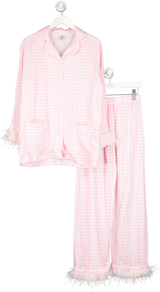 Deep Sleep Pink Feather Trim Checked Pyjamas UK M