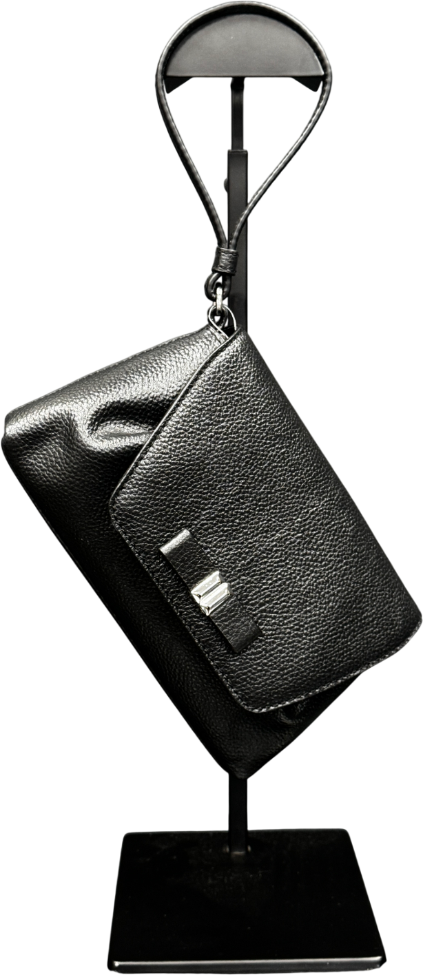 Talbots Black Pebbled Leather Wristlet Clutch Bag With Bow Detail