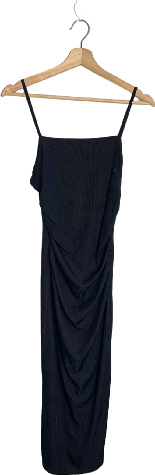 New Look Black Ribbed V-Back Ruched Midi Dress Size 10