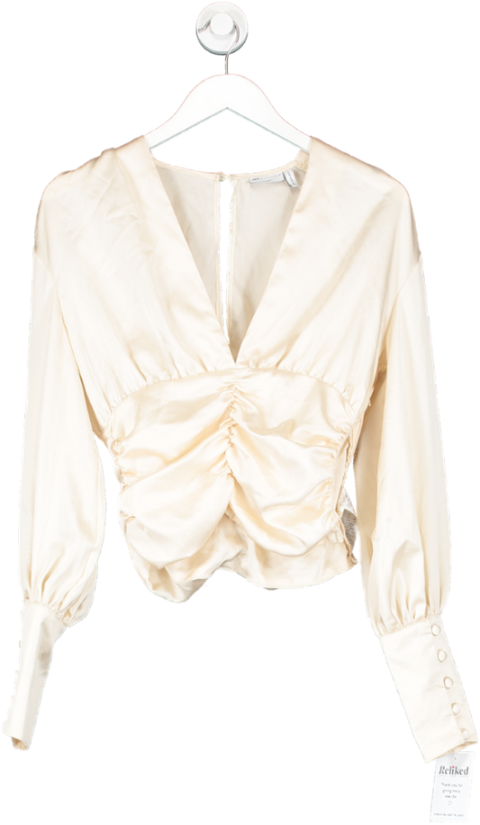 ASOS Cream Long Sleeve Satin Top With Ruched Detail UK 8