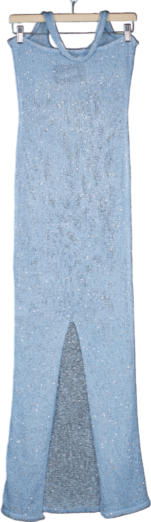 Noughts & Kisses Astrid Blue Sequin Knit Halter Maxi Dress UK S