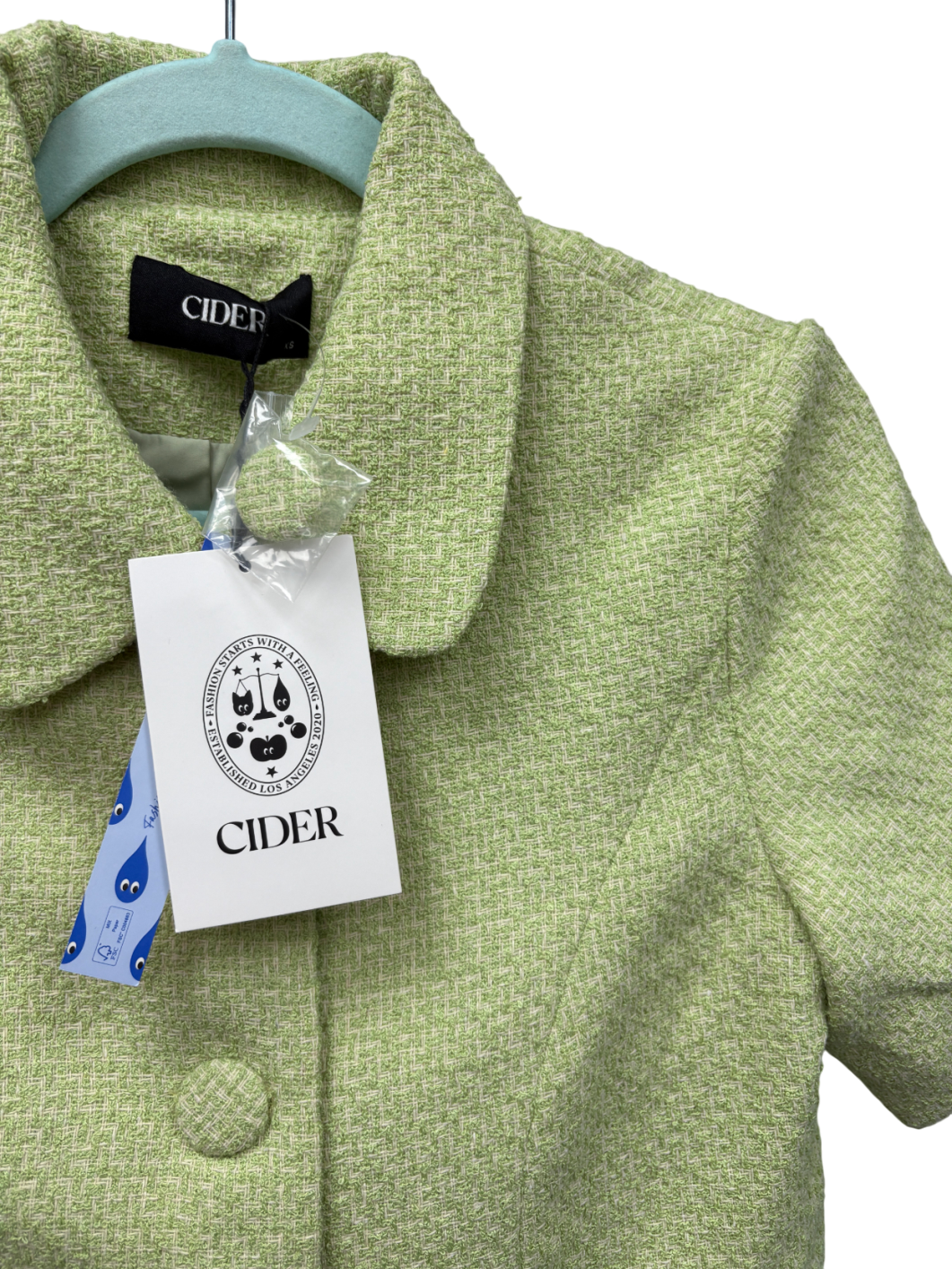 Cider Green Tweed Collar Button Crop Jacket UK XS