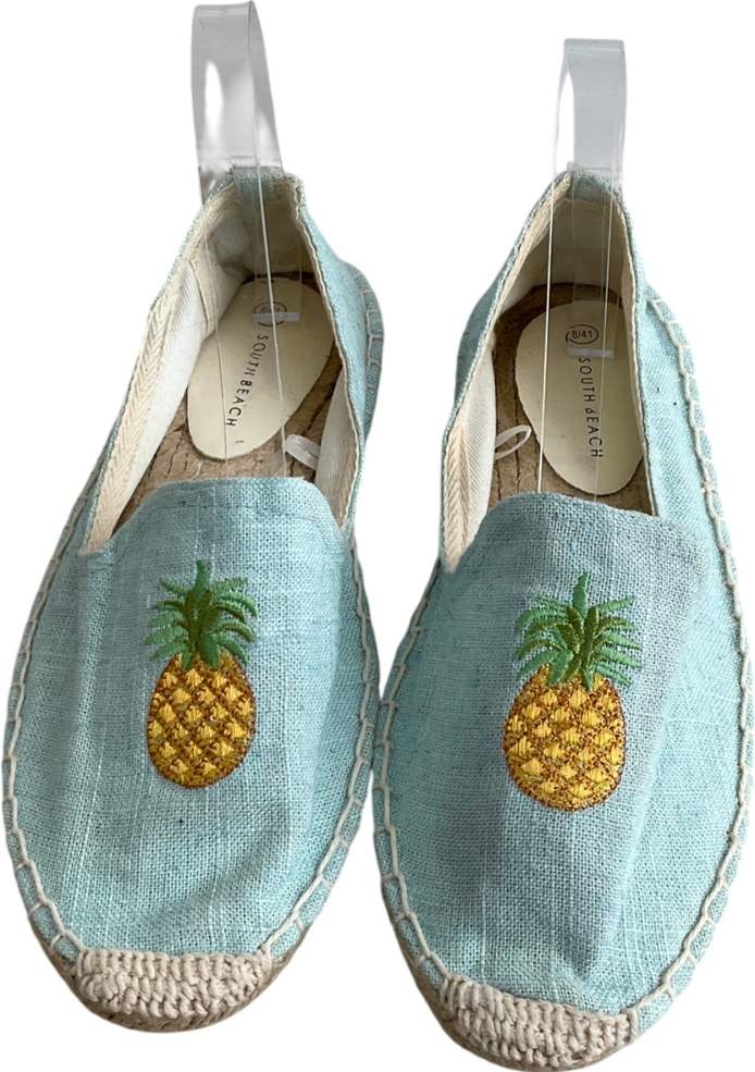 South Beach Blue Linen Pineapple Espadrilles UK 8 EU 41 👠