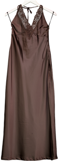 4th & Reckless Blair Chocolate Brown Lace Trim Halterneck Satin Maxi Dress UK 8