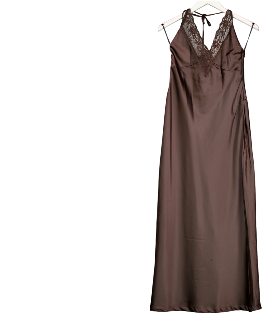 4th & Reckless Blair Chocolate Brown Lace Trim Halterneck Satin Maxi Dress UK 8