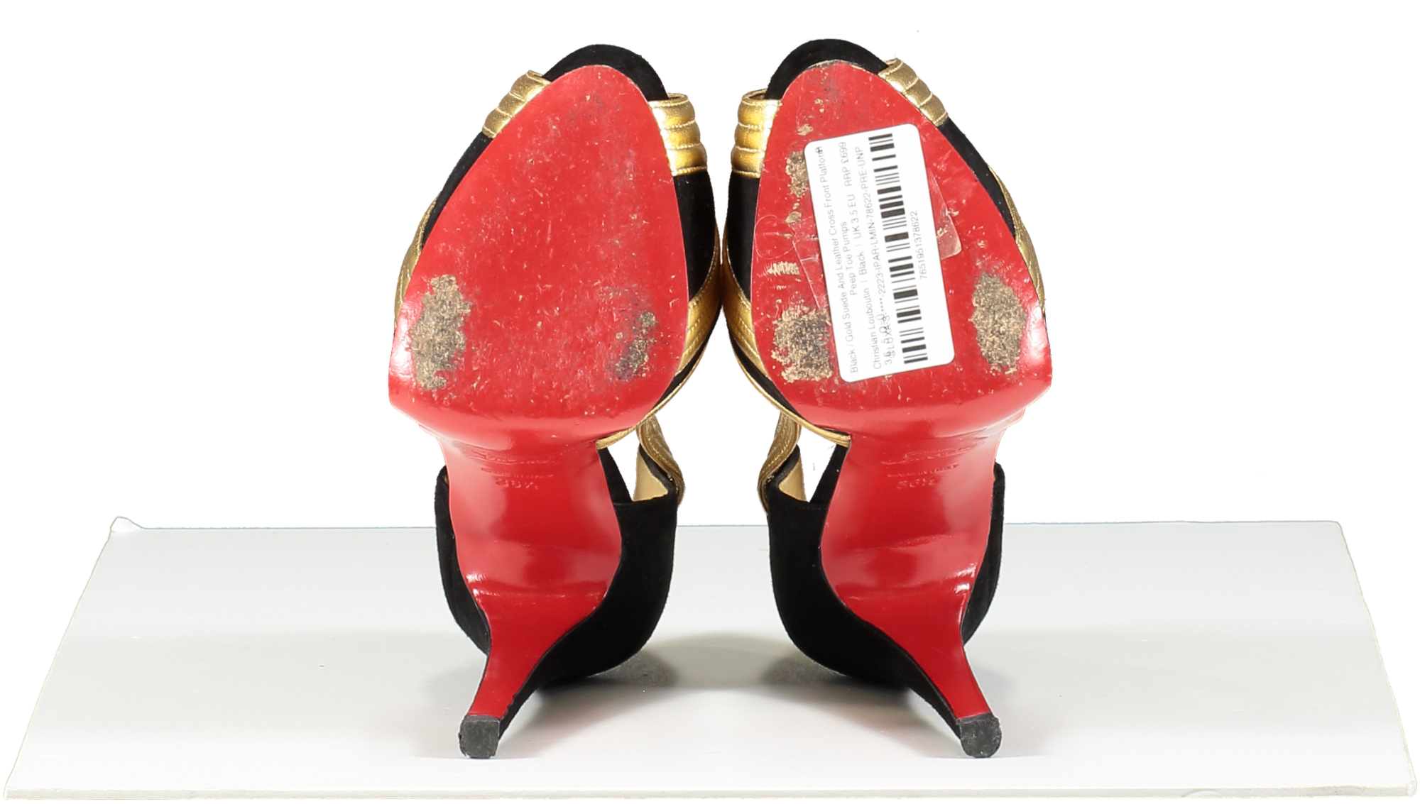 Christian Louboutin Black / Gold Suede And Leather Cross Front Platform Peep Toe Pumps UK 3.5 EU 36.5 👠