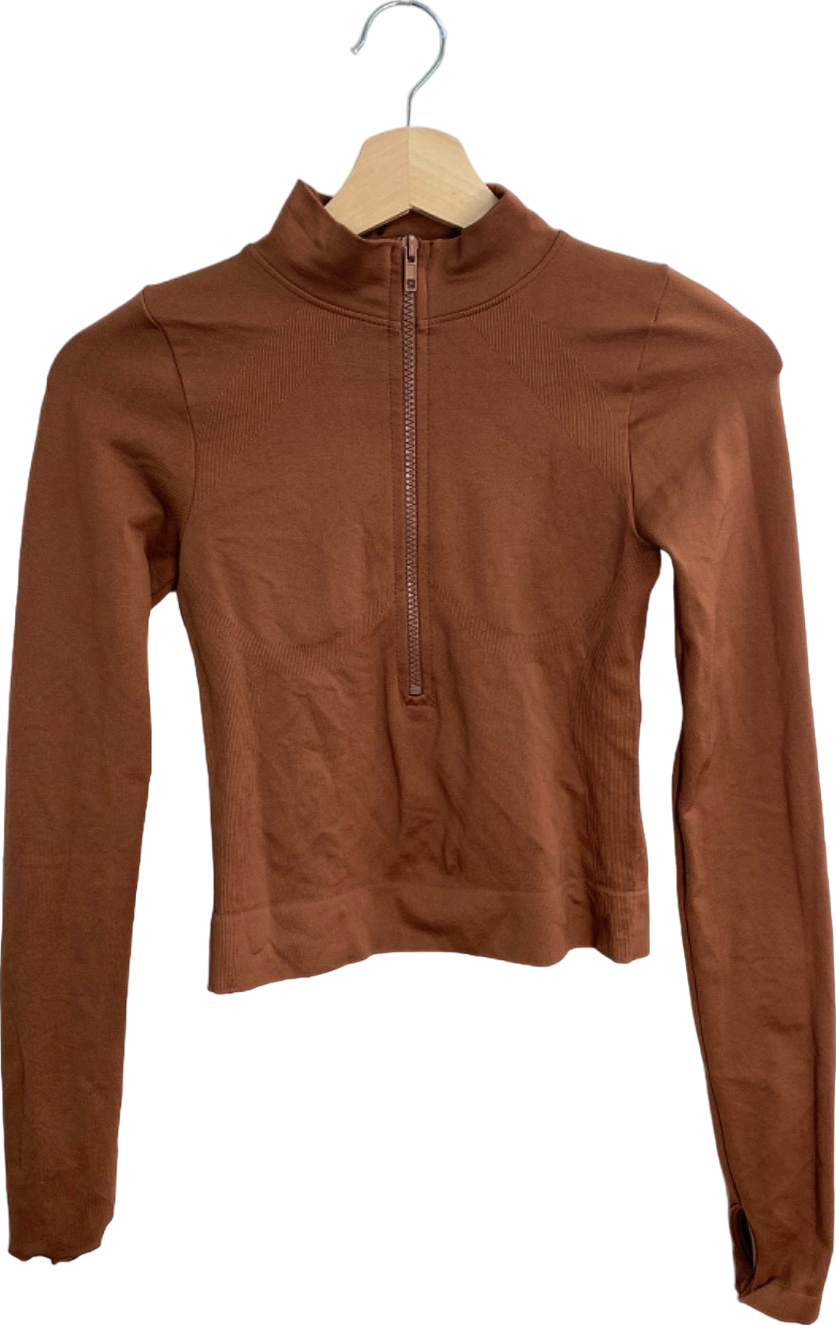 PrettyLittleThing Brown Half Zip Long Sleeve Top UK XS