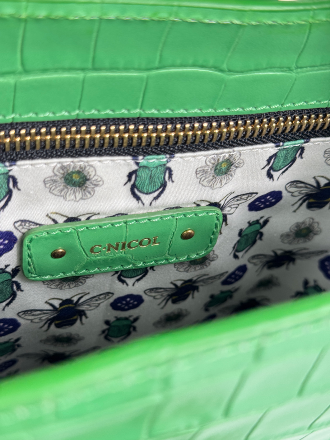 C.NICOL Green Embossed Italian Leather Mini Bucket Bag With Shoulder Strap