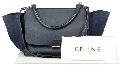 Celine Blue Navy Calfskin & Suede Medium Trapeze Bag Silver Hardware