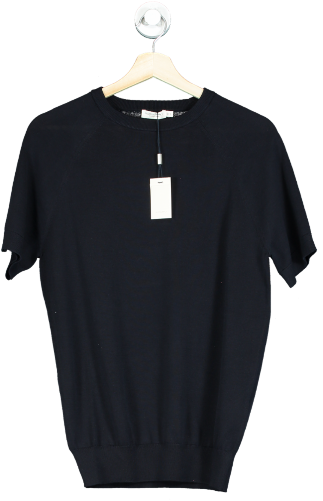 SuitSupply Blue Navy Cotton & Mulberry Silk Short Sleeve Crewneck UK S