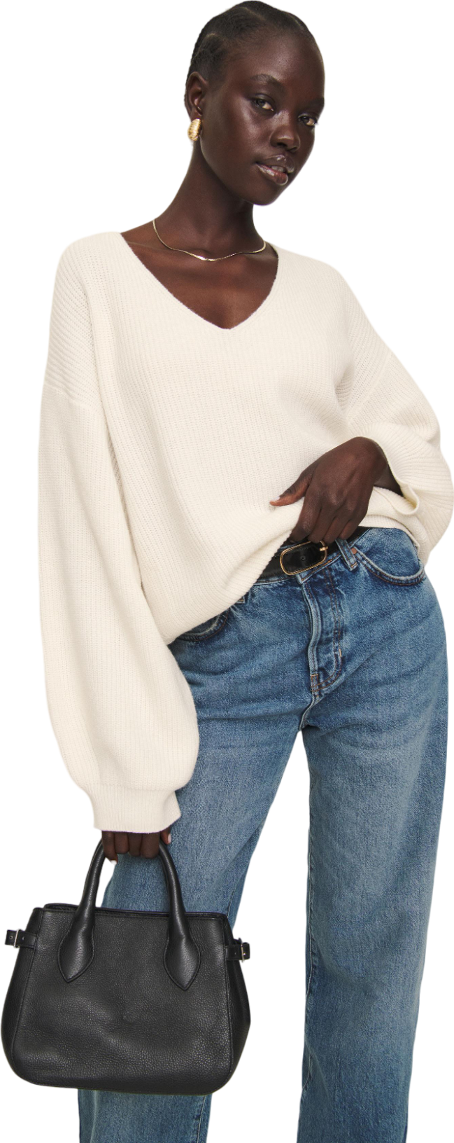 Reformation White Ellery Cashmere Blend Oversized V-neck Jumper UK S