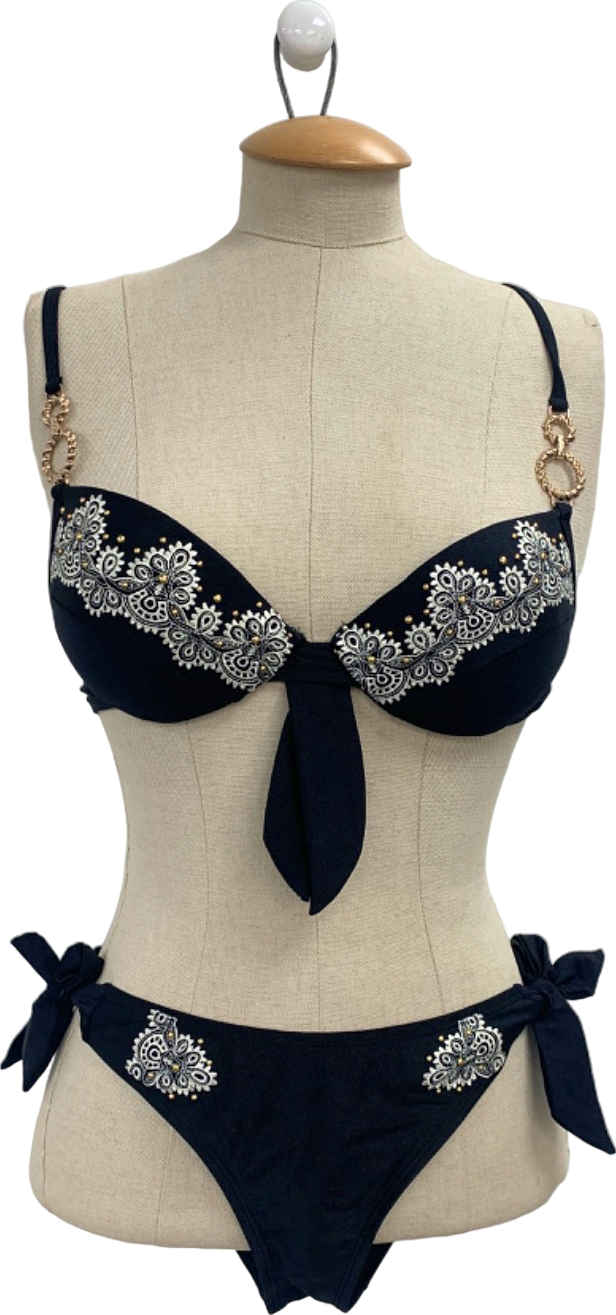 River Island Black Embroidered Bikini Set UK 8