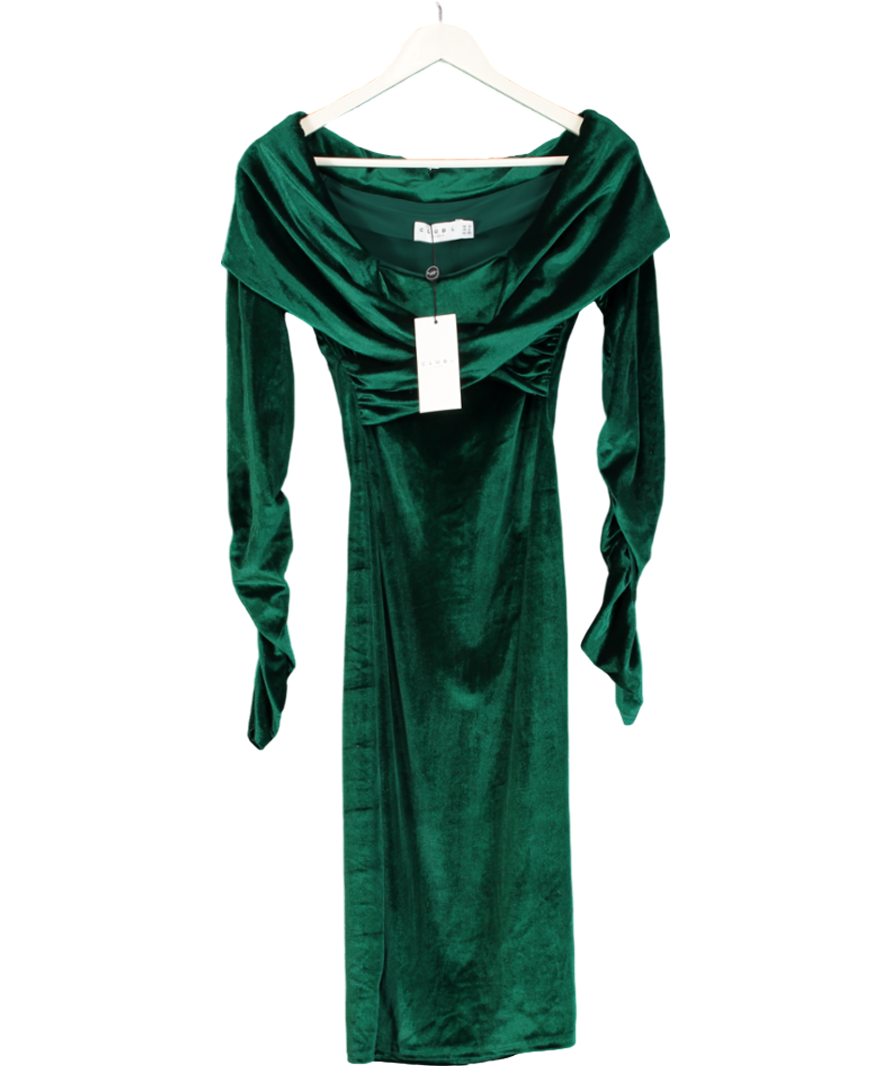 Club L Flatter Me Green Velvet Twist Front Bardot Midi Dress UK 10