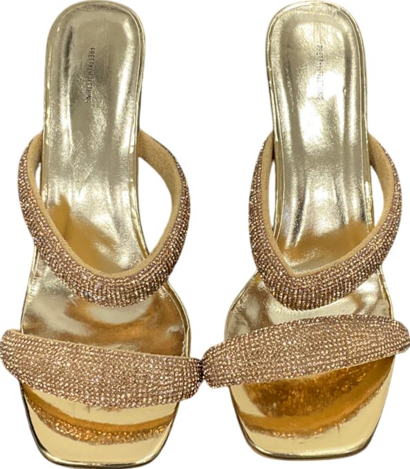 PrettyLittleThing Metallic Dimante Square Toe Padded Strap Heeled Sandals UK 8 EU 41 👠