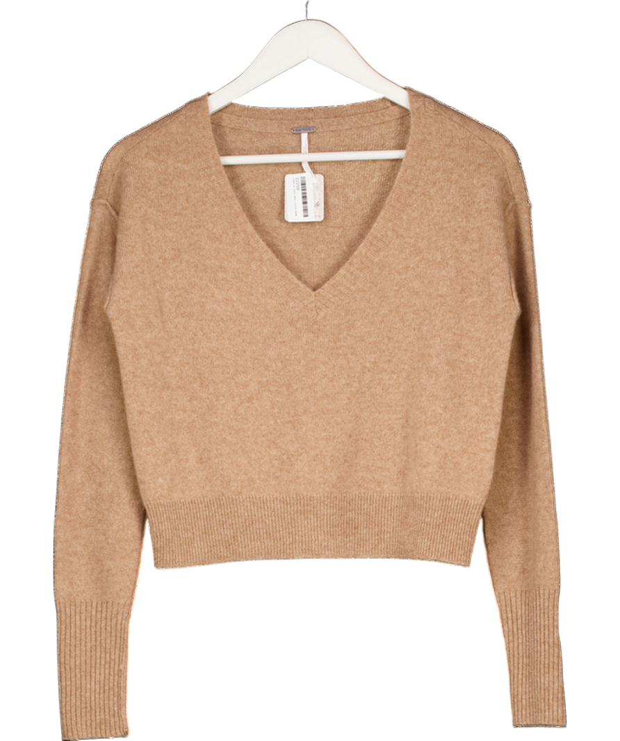 Free People Beige 100% Cashmere Stellar  V-neck  Knit Jumper UK XS