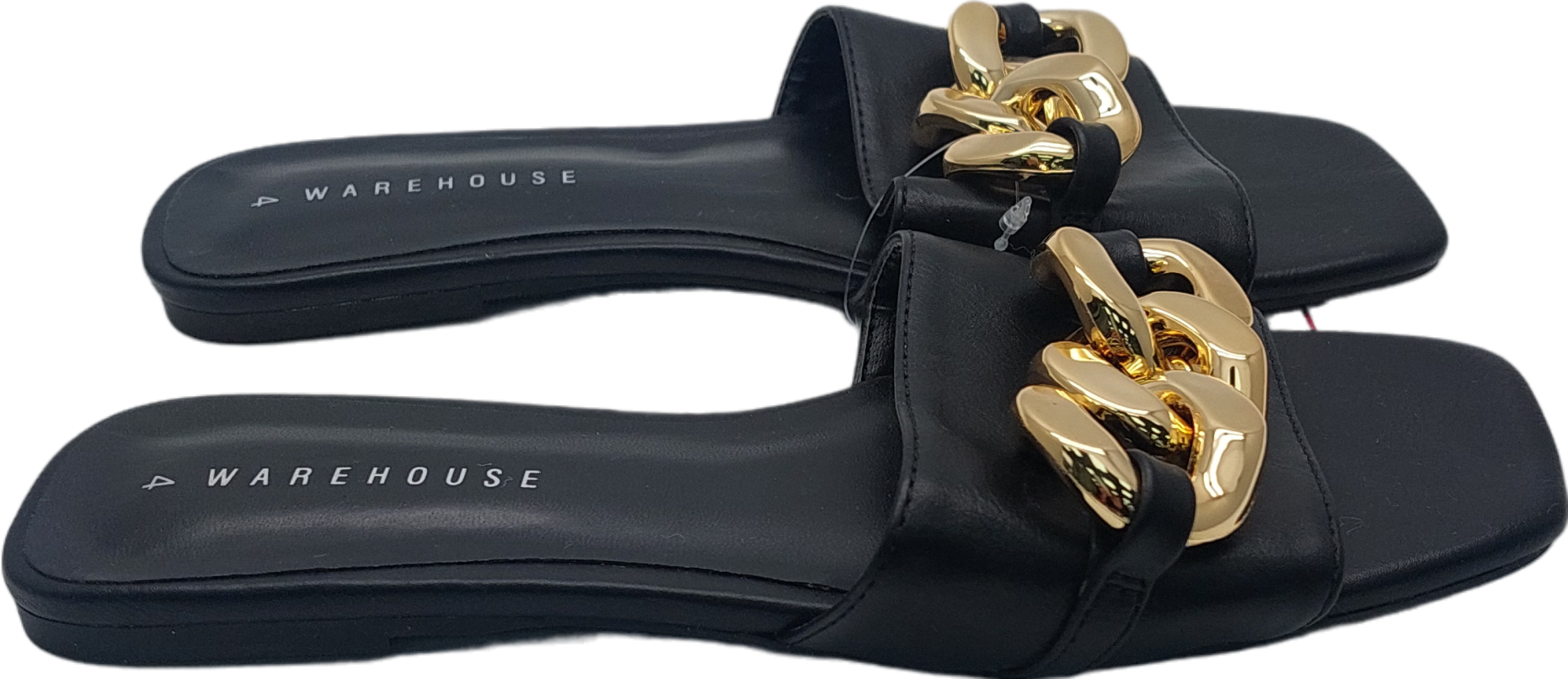 Warehouse Black Flat Sandals With Chunky Gold Chain UK 4 EU 37 👠