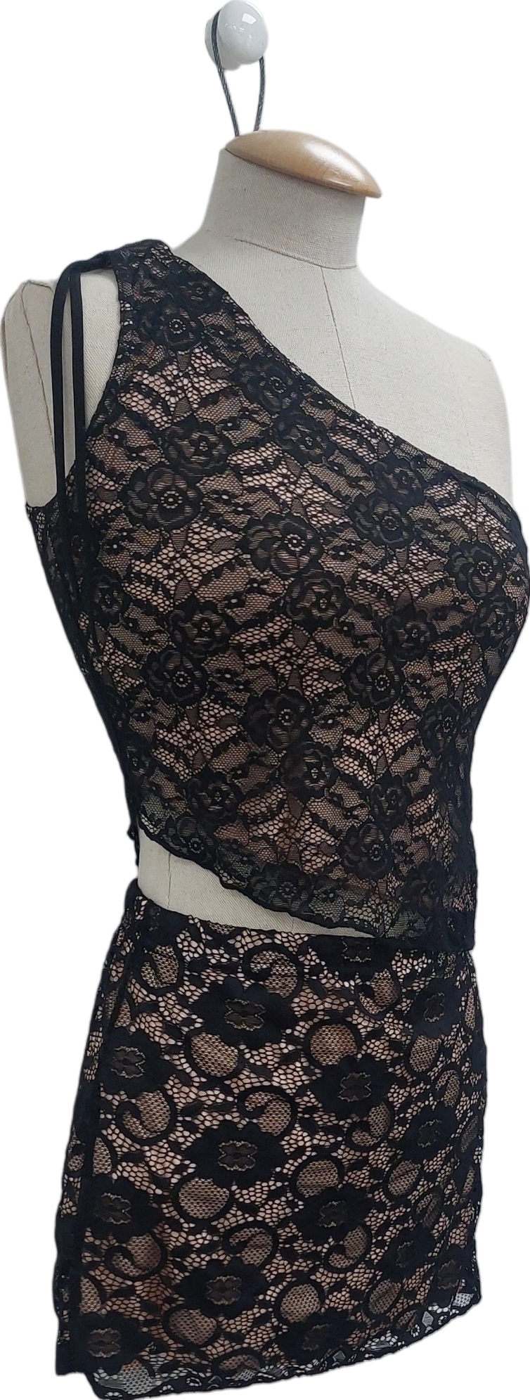 PrettyLittleThing Black Lace Ruched Side Low Rise Mini Skirt And Asymmetric Top UK 8