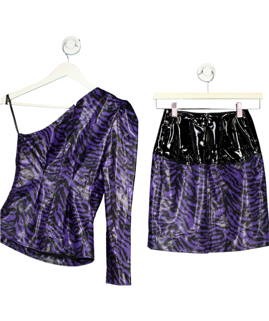 Stand Studio Purple Vinyl And Faux Leather Zebra Print Skirt And One Sleeved Top UK XS