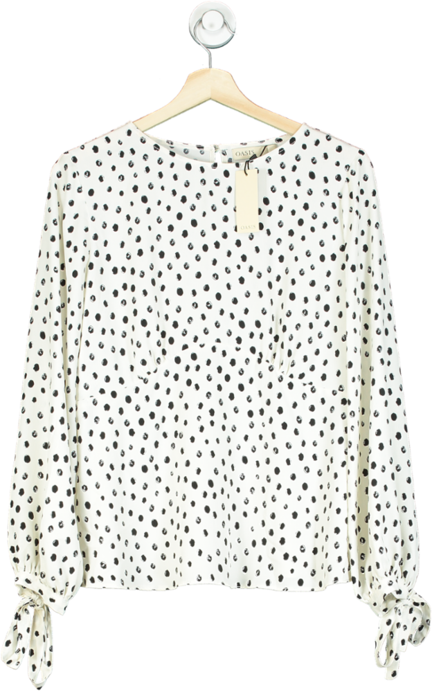 Oasis Ivory Polka Dot Printed Tie Cuff Top UK 12