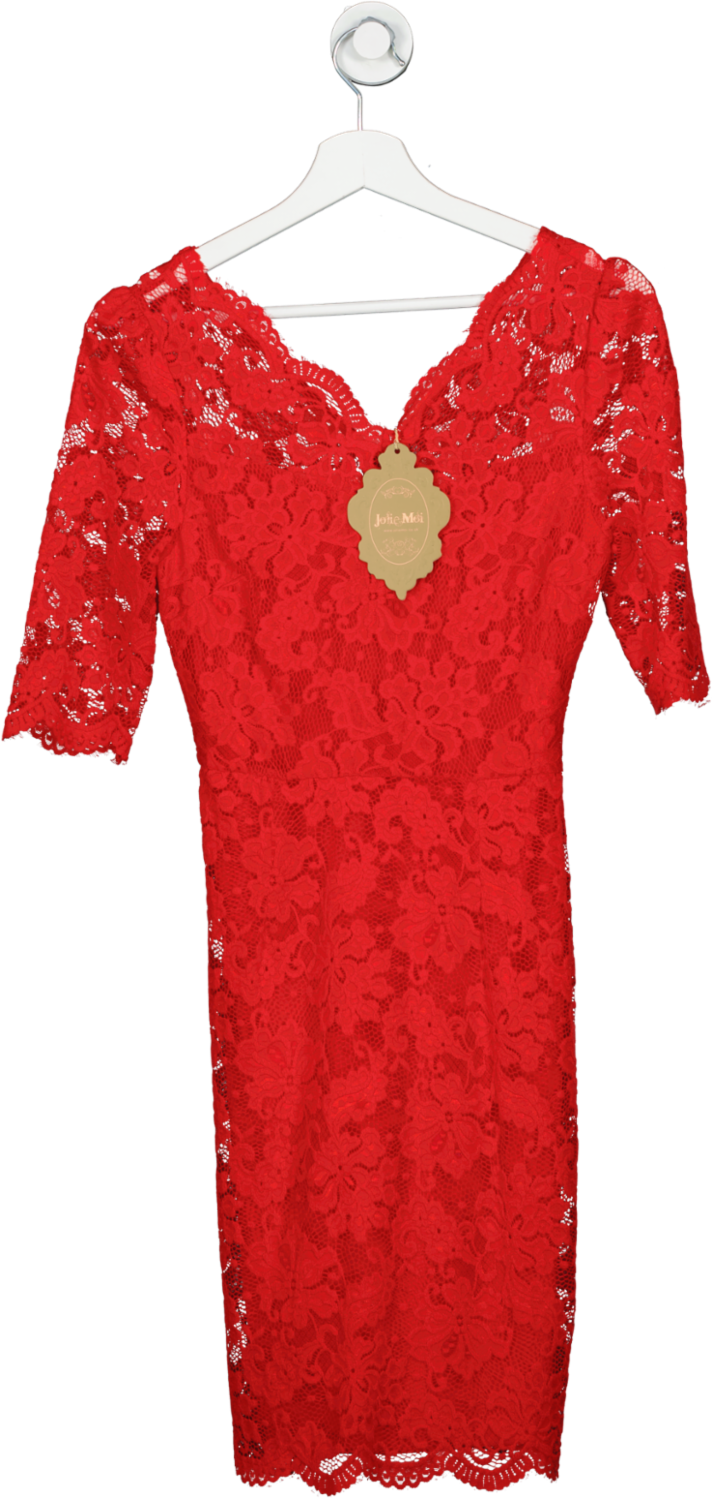 Jolie Moi Red V Neck 3/4 Sleeve Lace Dress UK 10