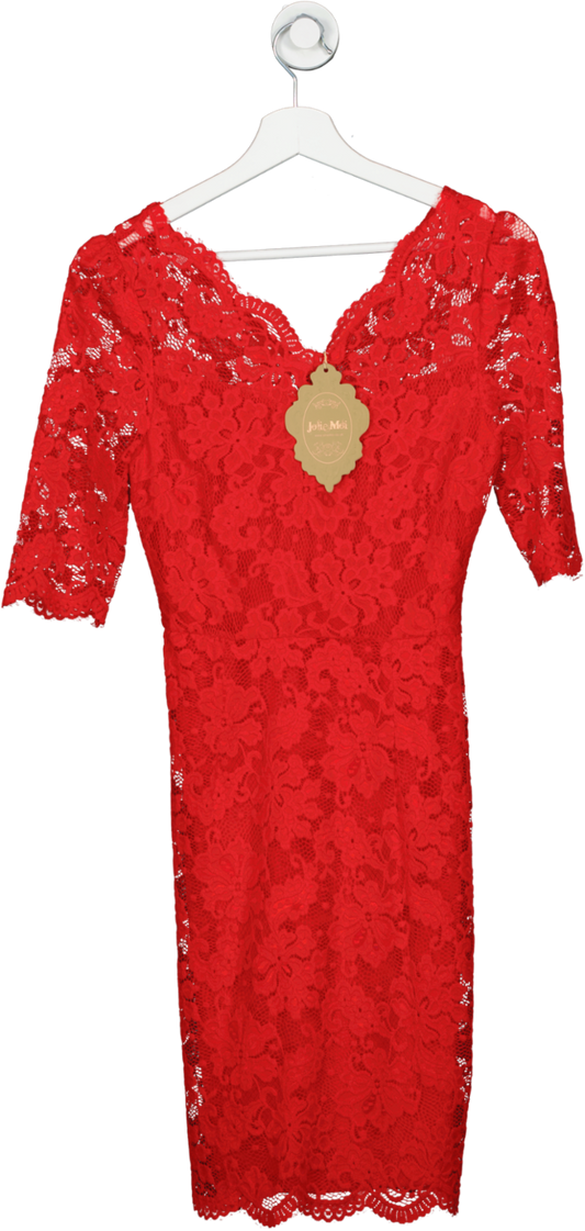 Jolie Moi Red V Neck 3/4 Sleeve Lace Dress UK 10