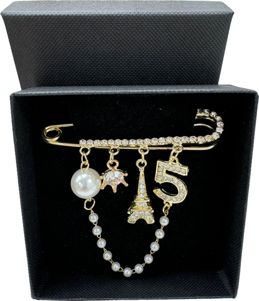 No.5 Gold Crystal Embellished Charm Brooch In Gift Box One Size