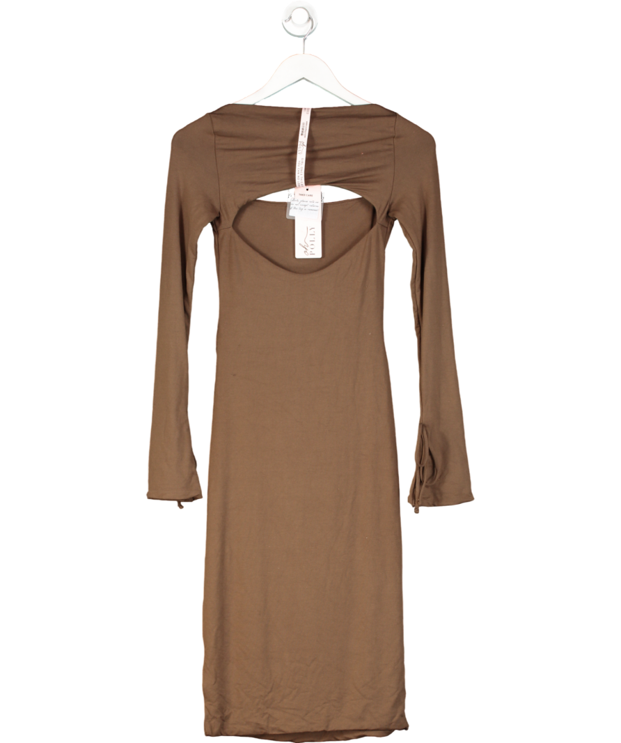 Oh Polly Brown Sawyer Square Neck Long Sleeve Midi Dress UK 8