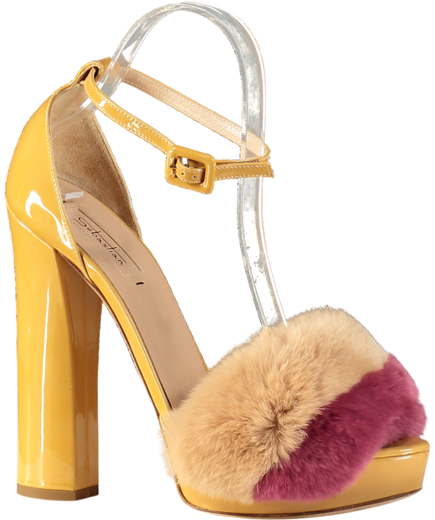 Sebastian Nude Patent Fur Trimmed Platform Heeled Sandals UK 5 EU 38 👠