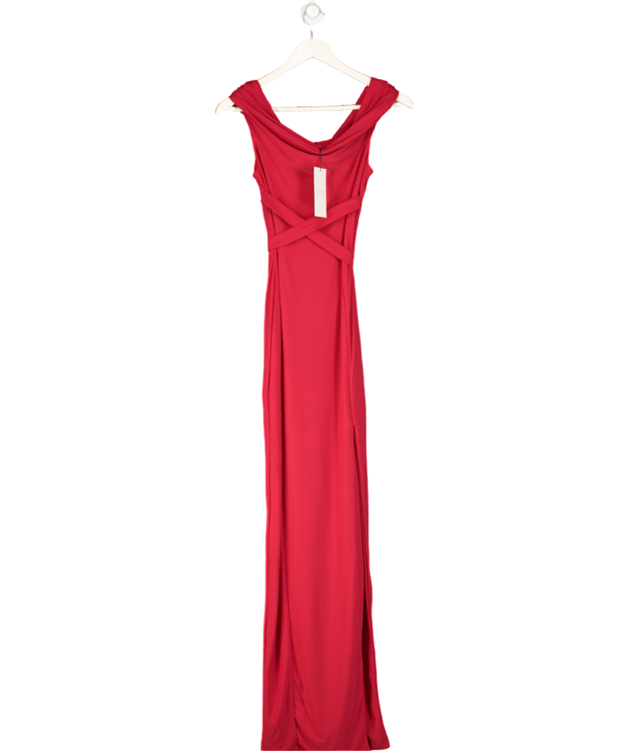 Club L  Burgundy Halter Neck Bardot Maxi Dress With Thigh Split UK 10